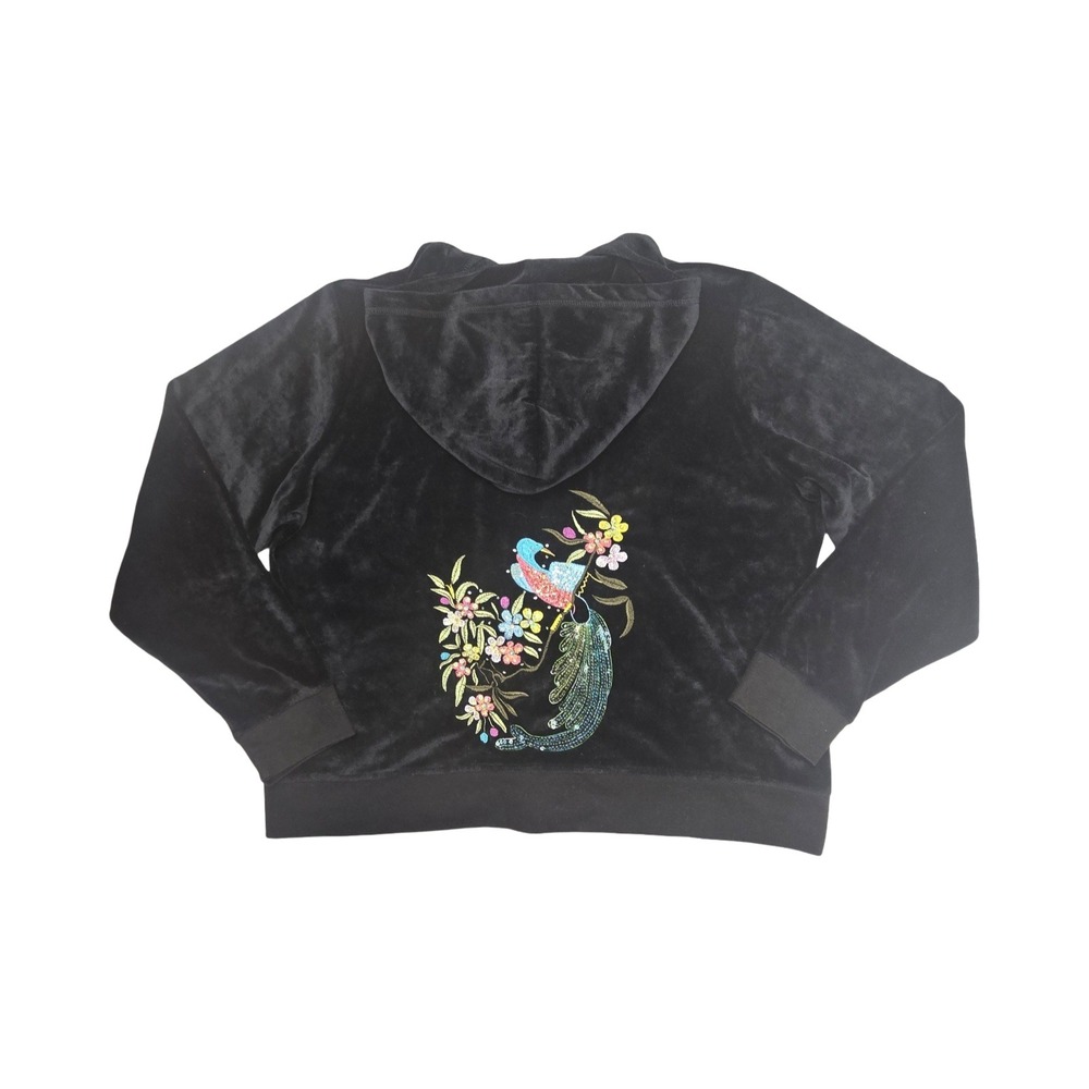 BCBGMAXAZRIA 2X Black Velour Hoodie Sequin Peacock Embroidery McBling Alt 2010s